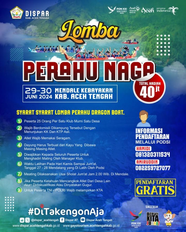 Ikuti dan Ramaikan Lomba Perahu Naga Tanggal 29 - 30 Di Mendale Aceh Tengah