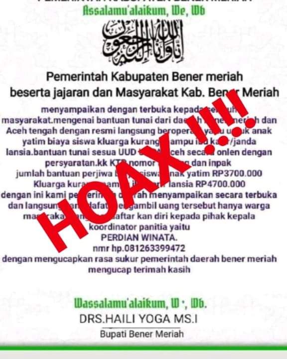 Informasi Bantuan Mengatasnamakan Pj. Bupati Bener Meriah Adalah Penipuan