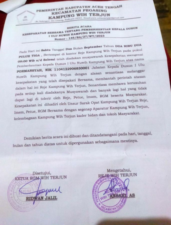 Pemecatan Kepala Dusun 1 Ulu Nuwih Kampung Weh Terjun Oleh Reje Kampung Diduga Sepihak