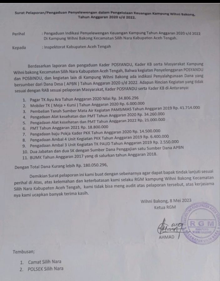 Penyelewengan Anggaran Dana Desa di Kampung Wihni Bakong, Inspektorat Aceh Tengah Tutup Mata
