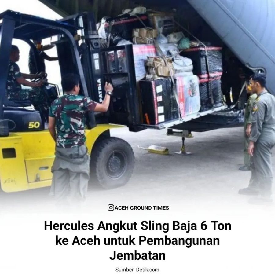 Pesawat Hercules TNI AU Angkut 5 Unit  Sling Baja Seberat 6 Ton dan 50 Unit Ginset dan Bahma Untuk W