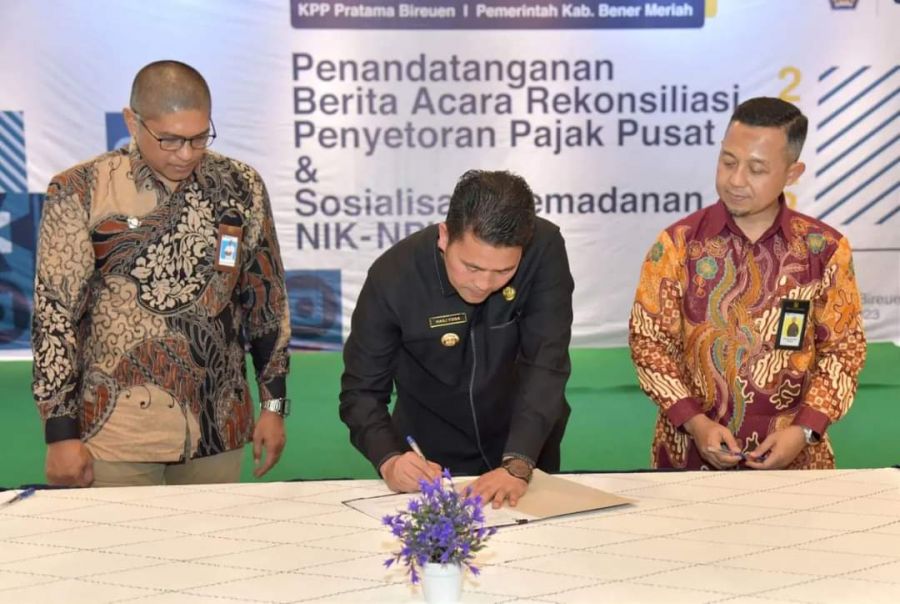 Pj. Bupati Bener Meriah Tanda Tangani Berita Acara Rekonsiliasi Penyetoran Pajak Pusat