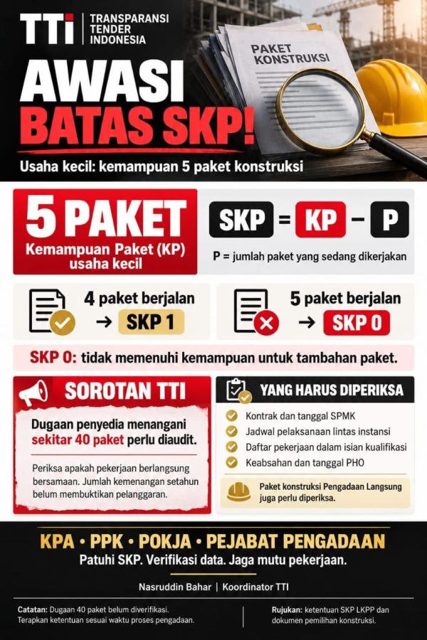 TTI Soroti Dugaan Penyedia Kuasai Puluhan Paket Konstruksi, Desak Audit Kepatuhan SKP
