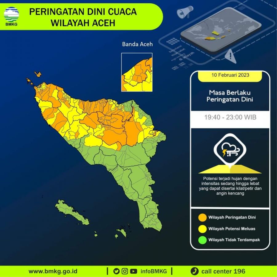 Update Peringatan Dini Cuaca Aceh Masih Berpotensi terjadi Hujan Ringan, Sedang dan Lebat